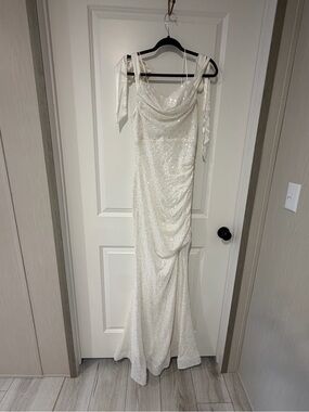 Bella & bloom Sequin Cowl Neck Tie-Shoulder Wedding Gown in White
